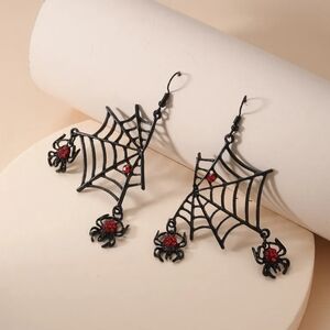 Black Spider Web Dangle Earrings with Red Accent - Jewelry